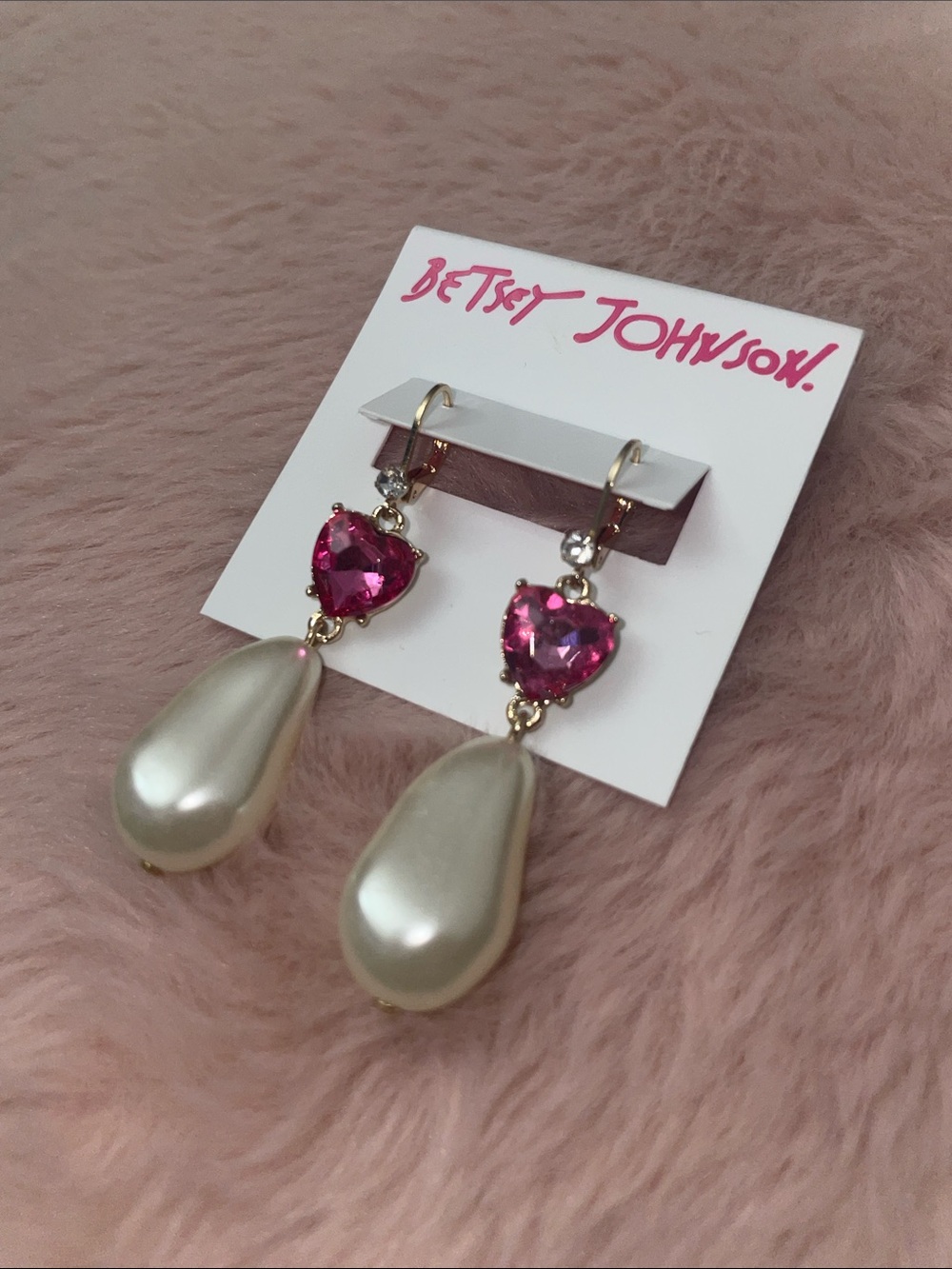 Betsey Johnson Gold-Tone Pink Crystal Heart and Pearl Drop Earrings NWT